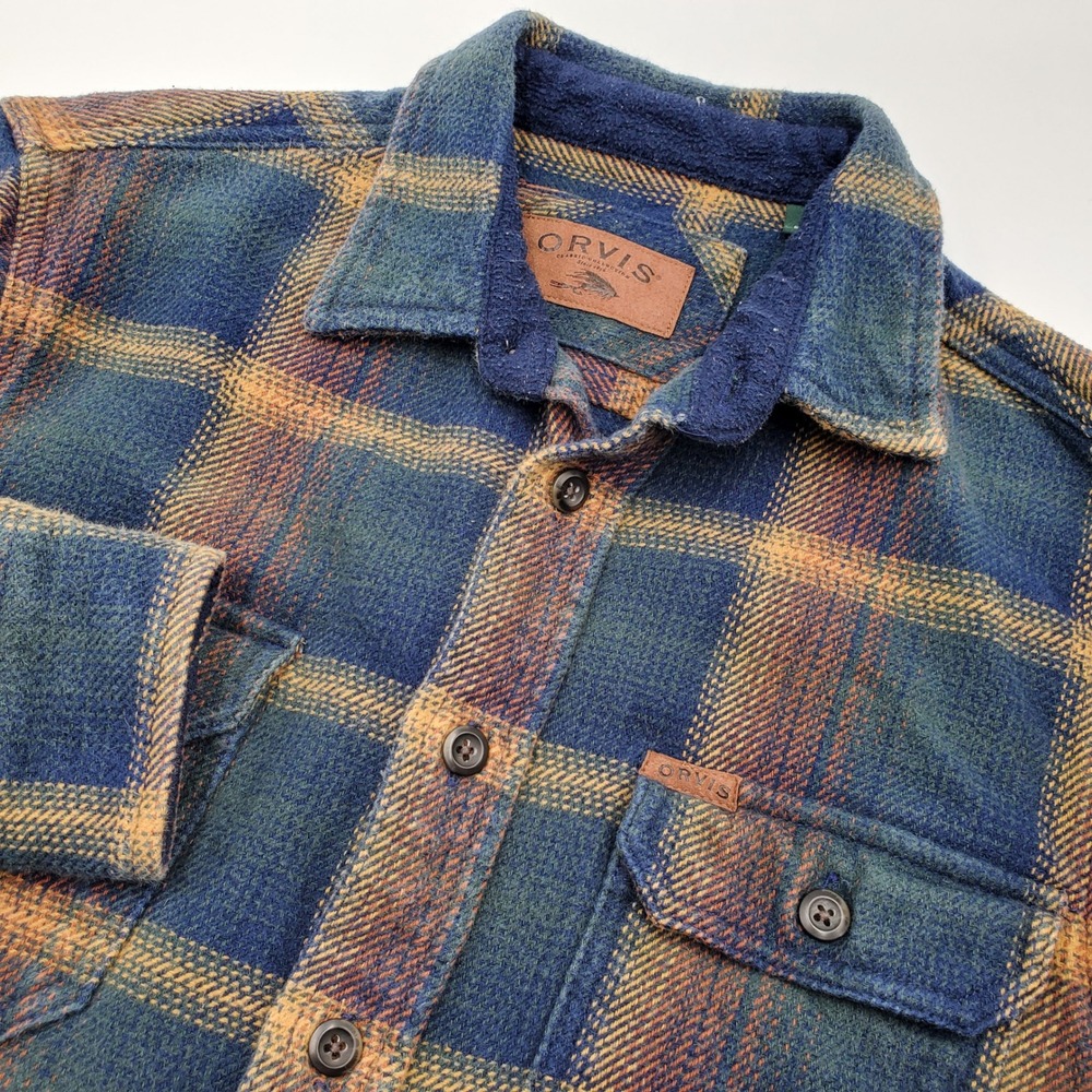 Orvis Mens Small Blue Plaid Heavyweight Flannel Shirt Jacket Leather Patch S